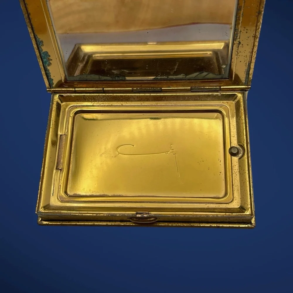 Coty New York Gold Tone Mirror Compact Book Design Hinged MCM Nice Collectible